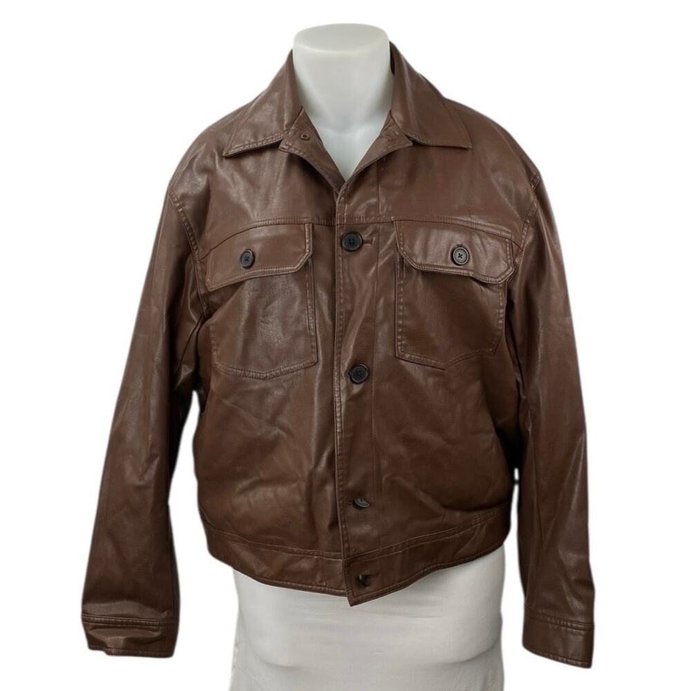 H&M Women's Faux Vegan Leather Collar Long Sleeve Button Down Coat Jacket Top XL
